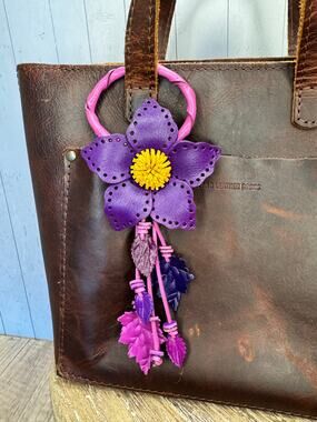 Purple Leather Purse Charm Genuine Leather Purple Flower Bag Charm Flowers